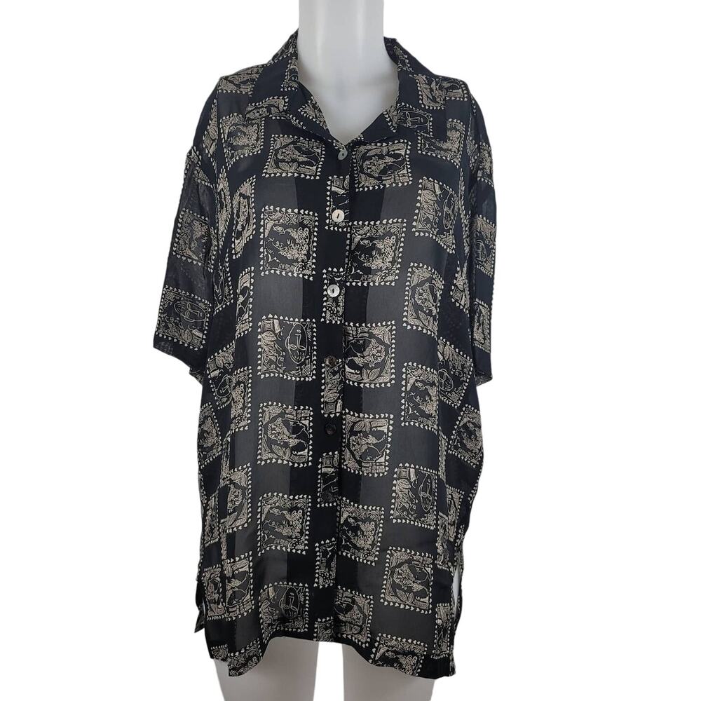 Chico's Designs Semi Sheer Face/Hearts Black/Tan Blouse 2 - M